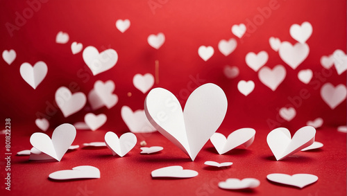 white paper hearts on  red backgrouind photo