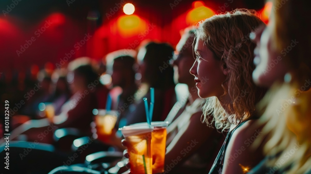 Attendees engrossed in the film being shown their nonalcoholic drinks in hand at the film festival.