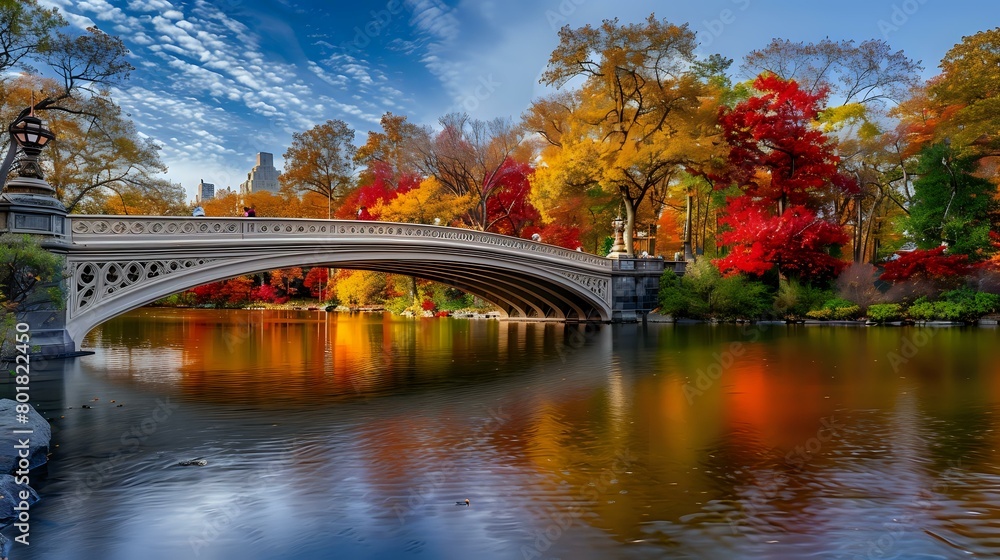 scene of the bow bridge in Central Park, New York during autumn with colorful trees and reflections on the water