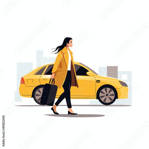 黄色いタクシーの前を歩く女性
