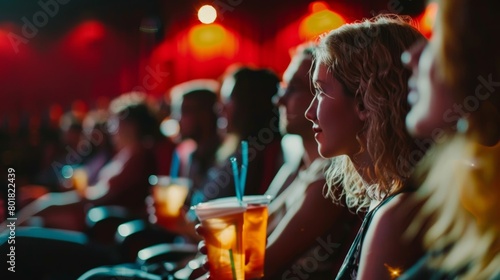 Attendees engrossed in the film being shown their nonalcoholic drinks in hand at the film festival. photo