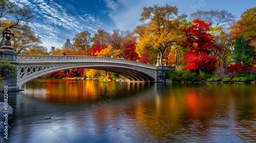 scene of the bow bridge in Central Park, New York during autumn with colorful trees and reflections on the water © Haseena