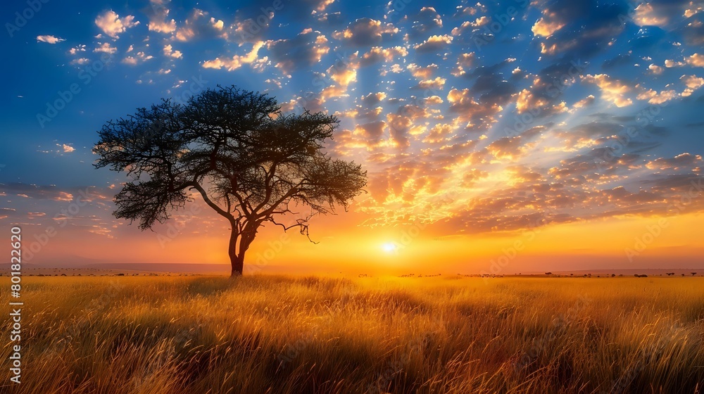 sun setting behind an acacia tree on grassy plains