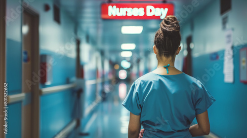 International Nurses Day concept image with a nurse at hospital and sign written Nurses Day photo