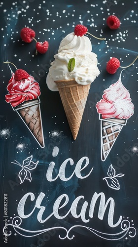 ice cream, paper blackboard menu