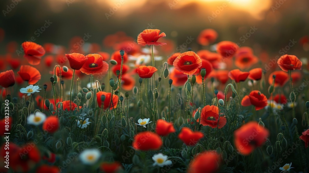 Obraz premium Field full of red poppy and white flowers