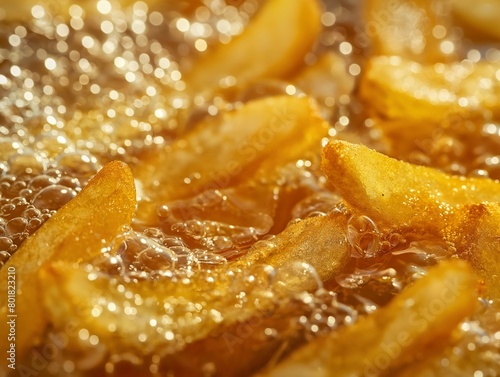Close-up of crispy french fries cooking in bubbling hot oil, with a golden hue.