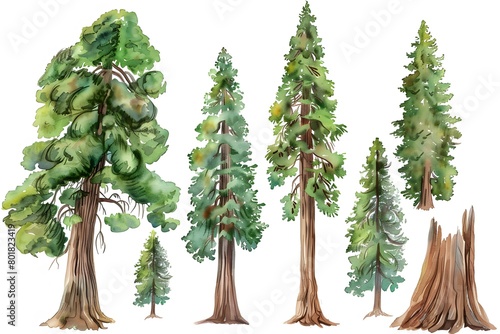 watercolor Redwood Forest Clipart  white background