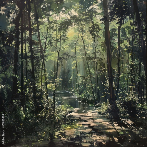 lush forest  trees  canopies densely covered with vibrant green leaves