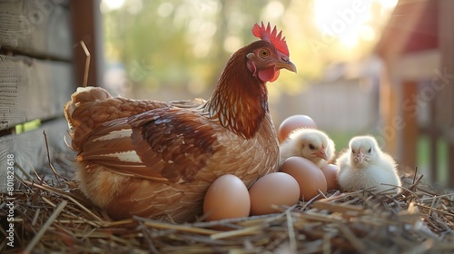 A hen lays eggs in a chicken coop with a blurry backdrop and big space for text or product advertisement background, Generative AI.