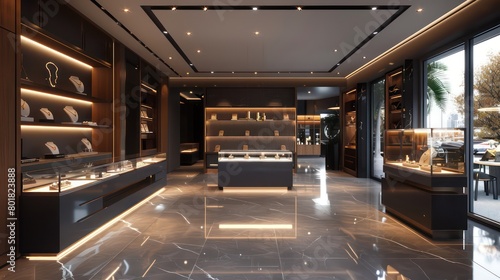 interior of modern jewelry store, luxury elegance design, sophistication architecture photo