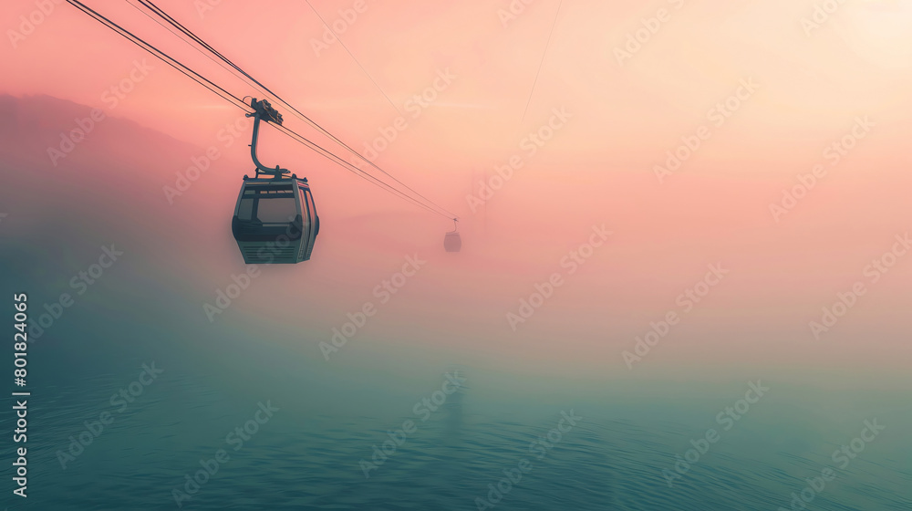 Cable car journey across a misty sea, soft pastel colors, morning light, highangle perspective, illustration