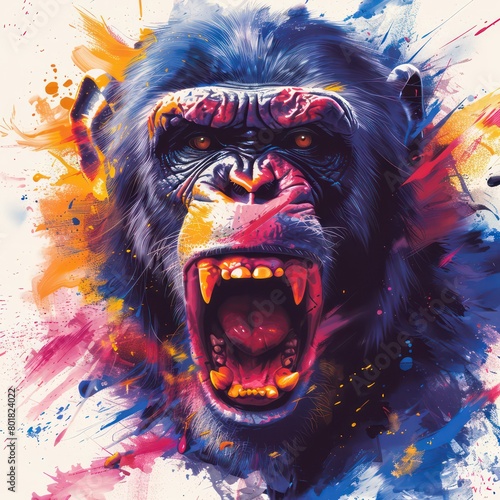 angry baboon logo, colorful splash style, white background