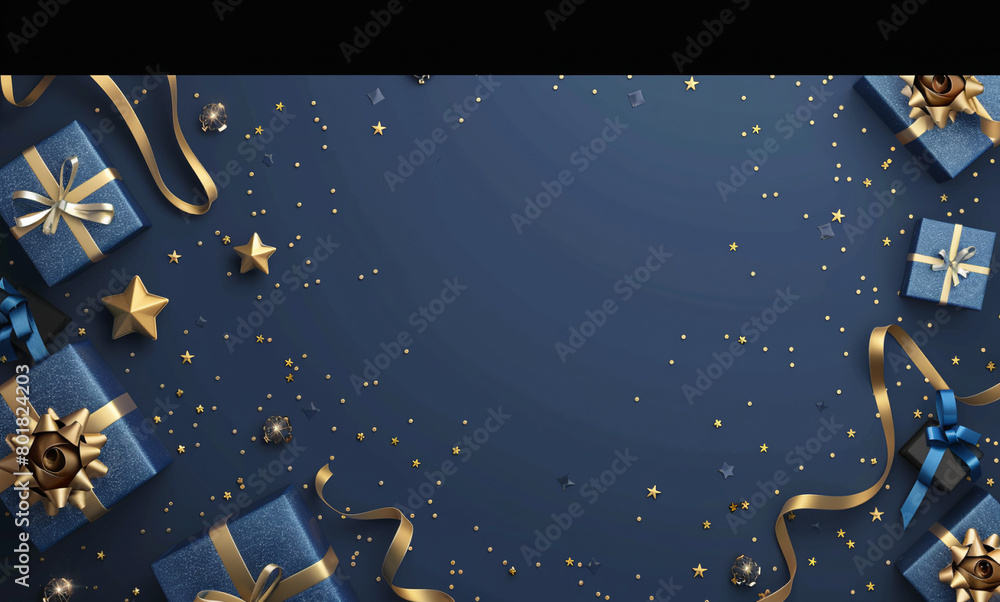 Fototapeta premium Festive background with blue gift boxes and golden stars on a dark navy color. Christmas, birthday or wedding concept. Flat lay, top view