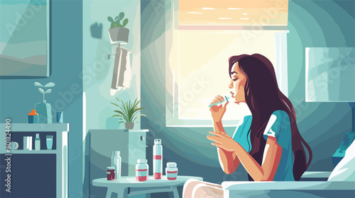 Young woman with cold sore applying remedy at home Vector photo