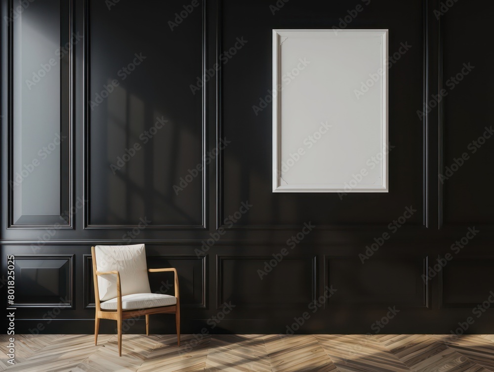 modern room, with white empty painting frame in the center on a black wall modern room, with white empty painting frame in the center on a black wall