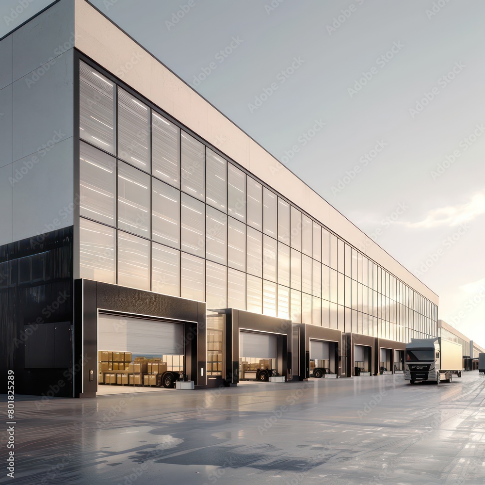 modern warehouse, trucks in front of electric docking bays, parking modern warehouse, trucks in front of electric docking bays, parking