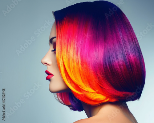 A beautiful woman with a colorful straight bob hairstyle,