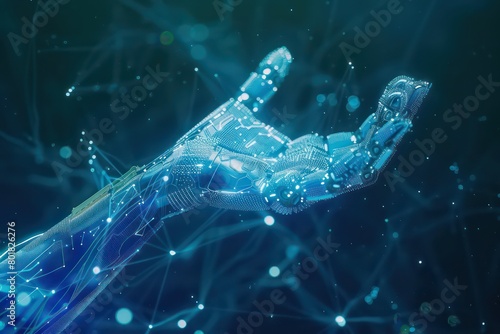 robotic hand have digital AI icon on blue background