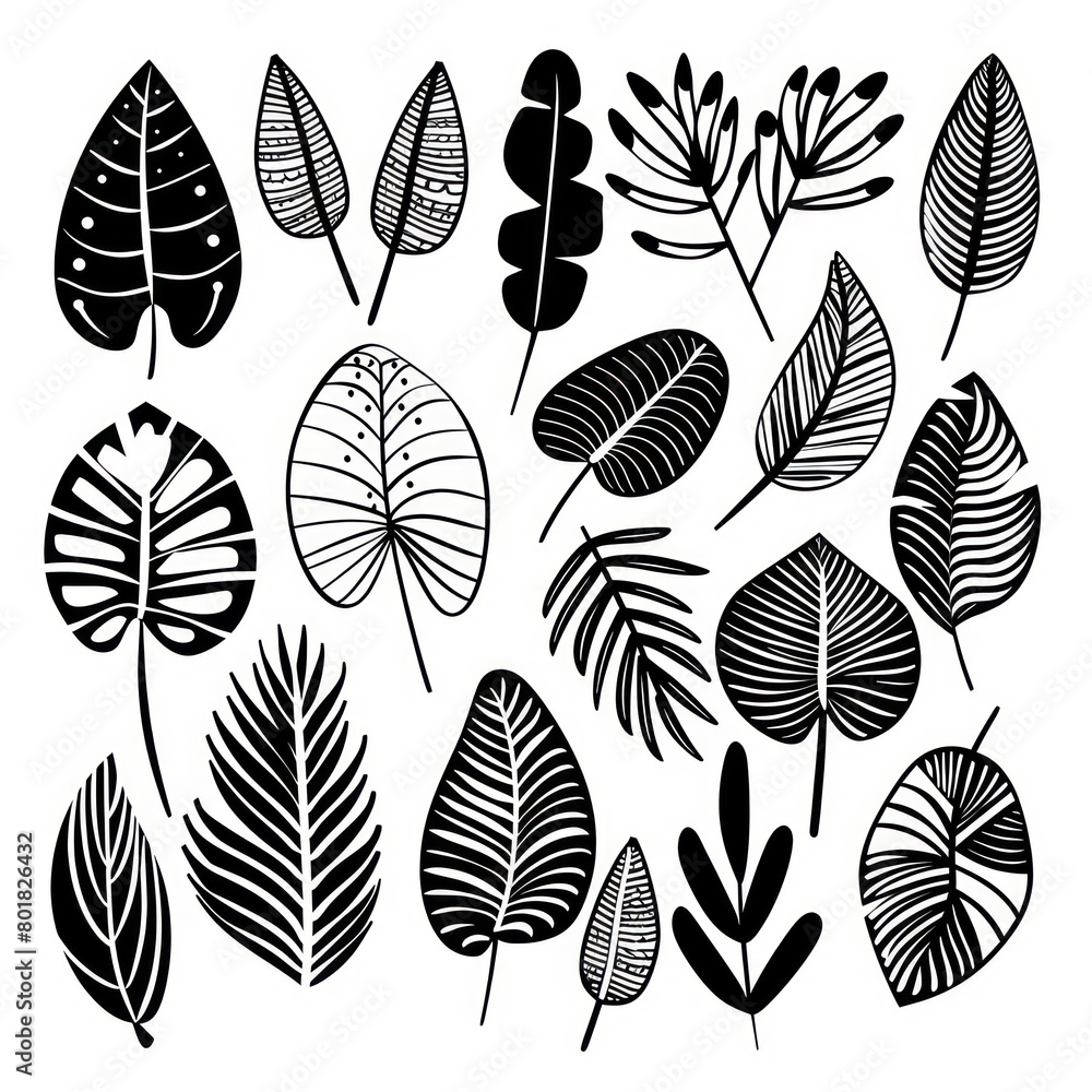 black doodle elements, exotic tropical leaves black doodle elements, exotic tropical leaves