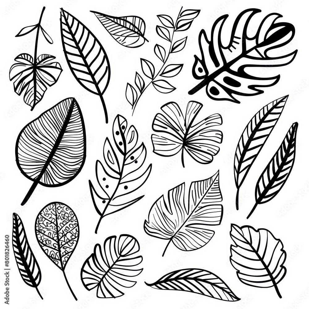 black doodle elements, exotic tropical leaves