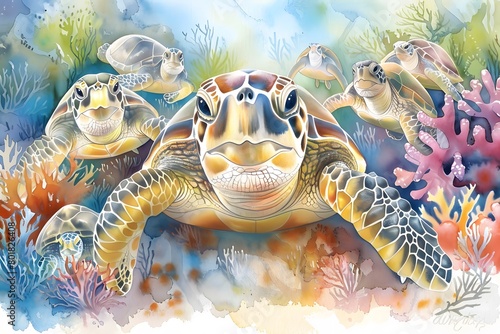 watercolor turtles, sea turtle with corals and flowers clipart set