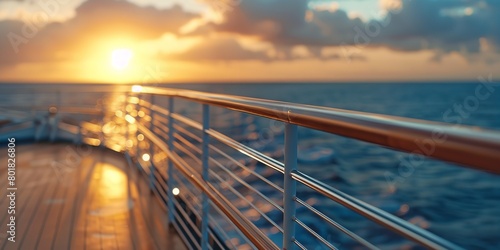 A luxury cruise ship balcony view close shot with a beautiful scenery of sunset and big space for text or product advertisement backdrop, Generative AI. © Electric Wolf