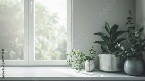 Minimalist interior design composition with natural window light and indoor plants. © JuanM
