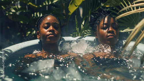 Two african-american woman ice bathing in the cold water among ice cubes in a tub and around green palm.  Wim Hof Method, cold therapy, breathing techniques, yoga and meditation. photo