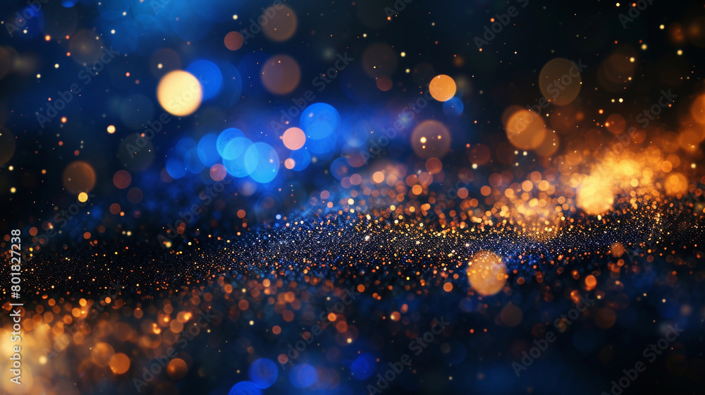 Fototapeta premium Abstract gold bokeh lights on dark blue background texture, de-focused. Abstract background with star Dark blue and gold particle. 