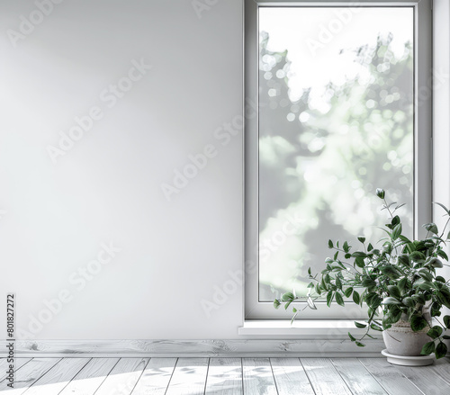 Minimalist interior design composition with natural window light and indoor plants.