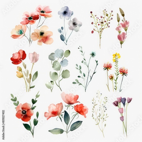 spring flowers watercolor texture  simple plain white background