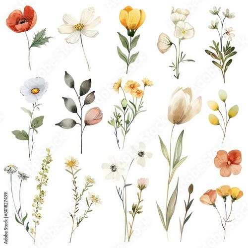 spring flowers watercolor texture  simple plain white background