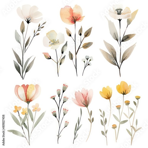 Wallpaper Mural spring flowers watercolor texture, simple plain white background Torontodigital.ca