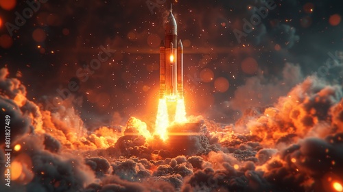 A rocket is launching into the sky, surrounded by a cloud of smoke and fire