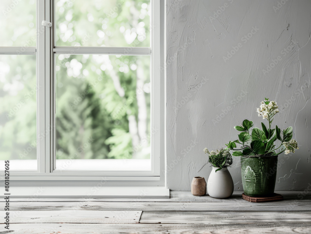 Minimalist interior design composition with natural window light and indoor plants.