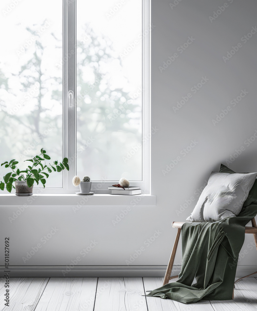 Fototapeta premium Minimalist interior design composition with natural window light and indoor plants.