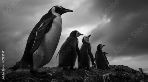 A group of penguins are standing on a rock photo