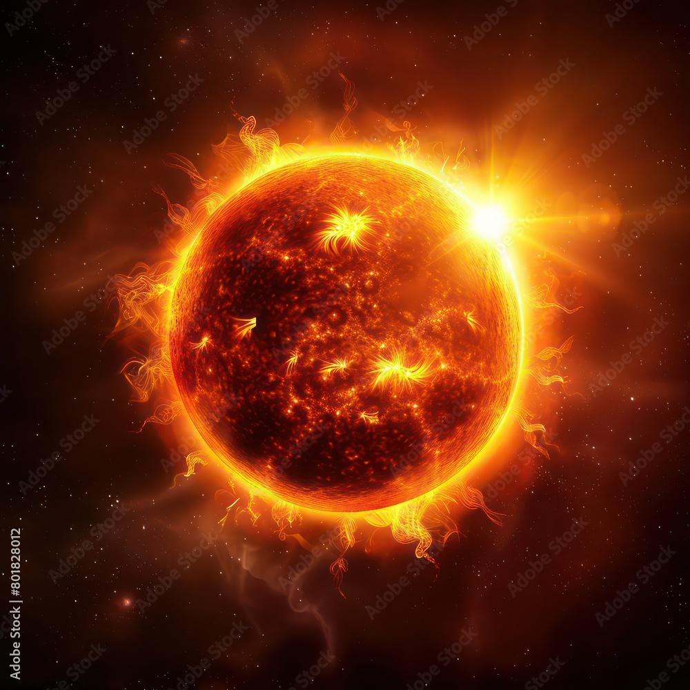 sun in natural form glowing bright and red yellow on a dark background