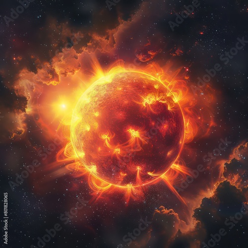 sun in natural form glowing bright and red yellow on a dark background