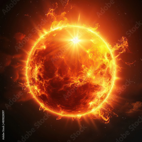 sun in natural form glowing bright and red yellow on a dark background