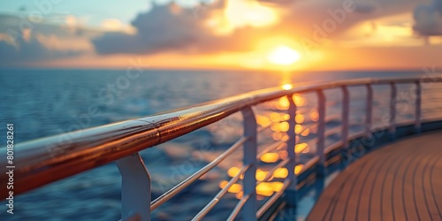 A luxury cruise ship balcony view close shot with a beautiful scenery of sunset and big space for text or product advertisement backdrop, Generative AI. © Electric Wolf