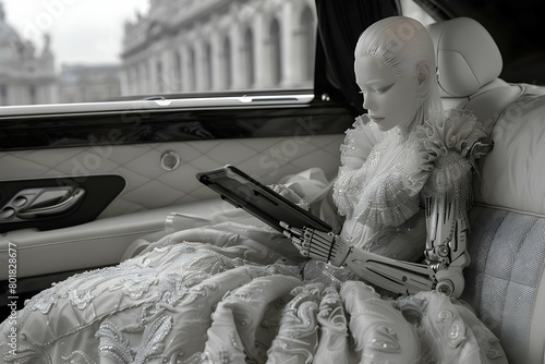 Futuristic Opulent Female Android in Luxurious Limousine - Affluent AI Humanoid Robot Showcasing Wealth and Elite Status
