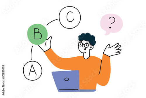 Student passing test on laptop, choosing answer on online exam at college or university, composition with flat male character, vector illustration of internet questionnaire, learning on course