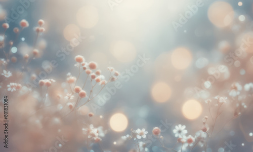 やさしいキラキラと光に包まれた小花と玉ボケのふんわりした背景イメージ Soft background image of small flowers and ball blur surrounded by gentle glitter and light photo