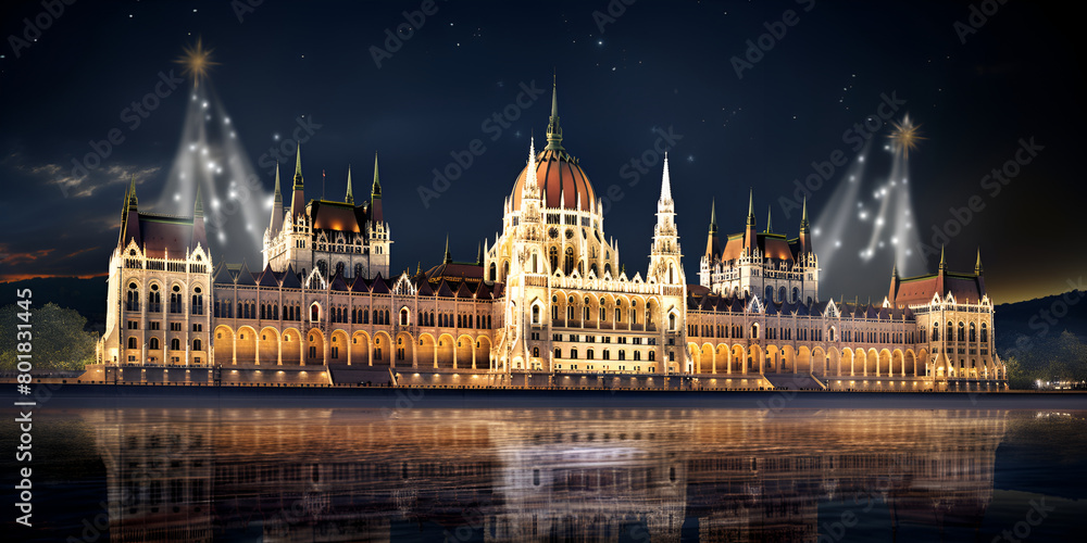 Hungarian Parliament building at sunset in Budapest Hungary Beautiful travel background Beautiful building of Parliament in Budapest a popular travel destination
