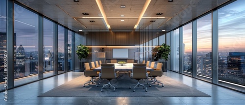A large conference room with a long table and chairs. The room is well lit and has a modern design