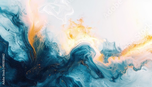 Abstract concepts, canvas, soft art, contrast of geode dark blue, light blue ,long colors to the right elongating upward like a long lily flower split, with a soft gold flame at the top, white backgro photo