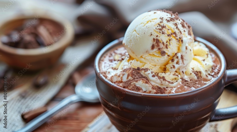 A hot chocolate affogato with a scoop of vanilla ice cream poured over a hot chocolate for a creamy and delicious twist on the classic treat. A hot chocolate affogato with a scoop of vanilla ice cream poured over a hot chocolate for a creamy and delicious twist on the classic treat.