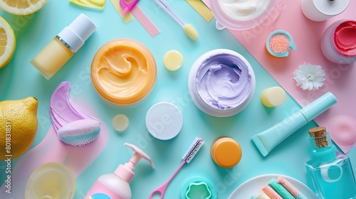 Colorful Assortment of Beauty and Skincare Products on Pastel Background photo